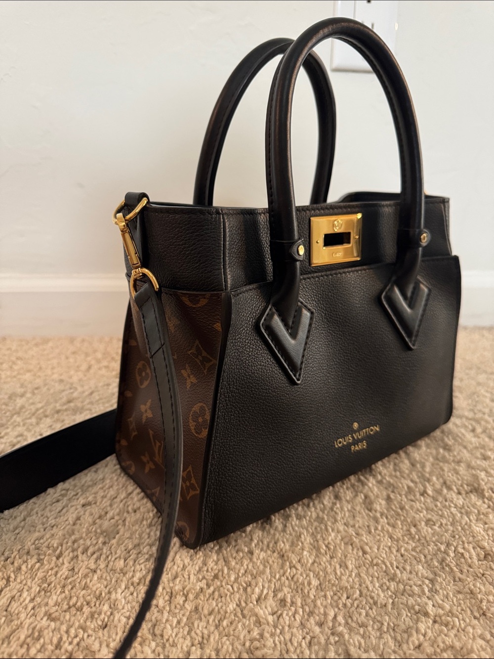 Louis Vuitton Black Leather Satchel with Monogram Sides and Gold Hardware